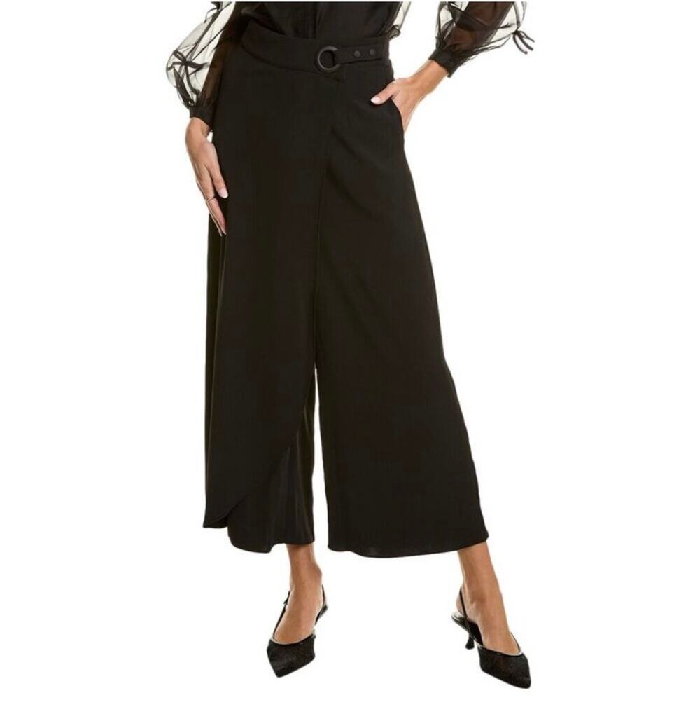 Gracia Black Crepe Crossover Wrap Buckle High-Waist Wide Leg Pant Size L NWT